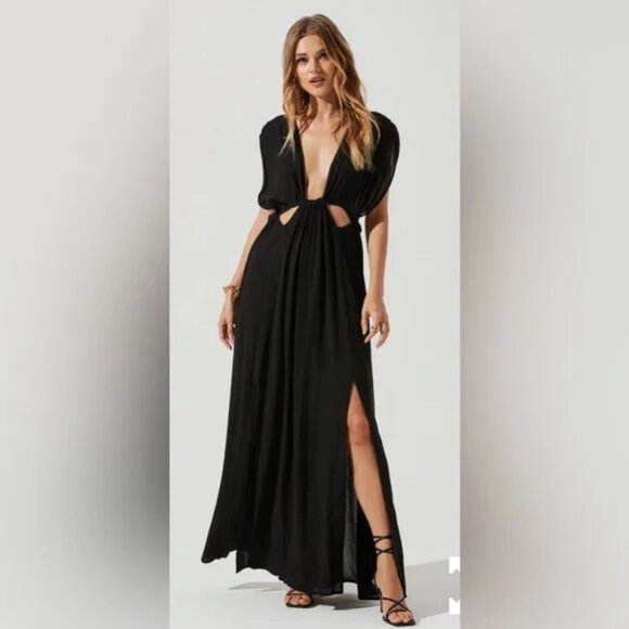 Astr Dresses & Skirts - Women ASTR The Label Octavia Black Deep Plunge Cut-Out Long Gauzy Maxi Dress S​